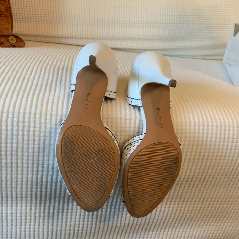 Nine West White Peep-Toe Perforated Leather Heels